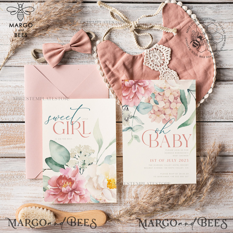 Floral Baby Girl Shower Invitation Template, Instant Download Printable Invites Home Printing, Simple modern baby shower  Card Set-0