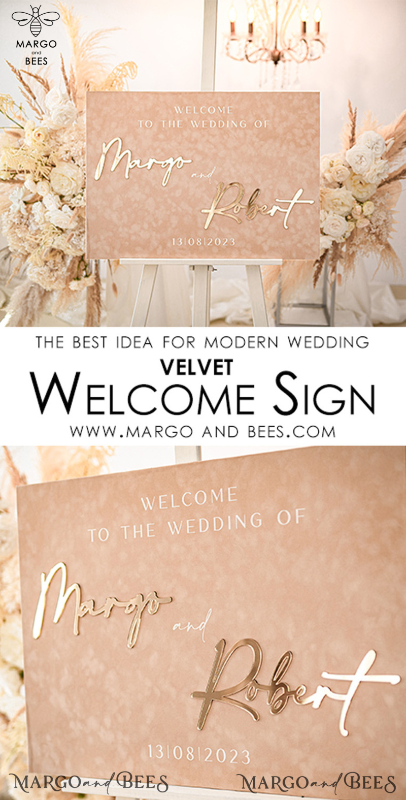Luxury Velvet beige Wedding Welcome Sign, Golden Wedding Decor, Personalised Wedding Sign, Wedding Gift, Welcome Wedding Board BpPXSet-2