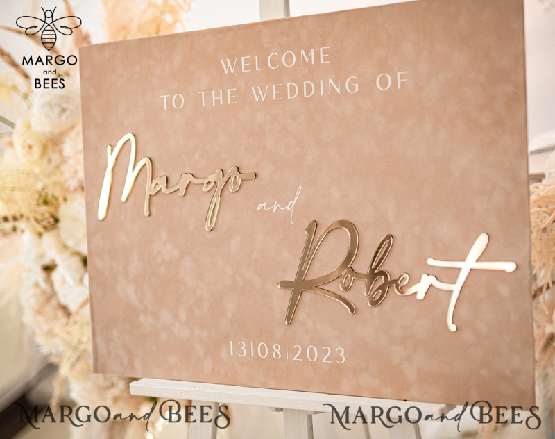 Luxury Velvet beige Wedding Welcome Sign, Golden Wedding Decor, Personalised Wedding Sign, Wedding Gift, Welcome Wedding Board BpPXSet-7