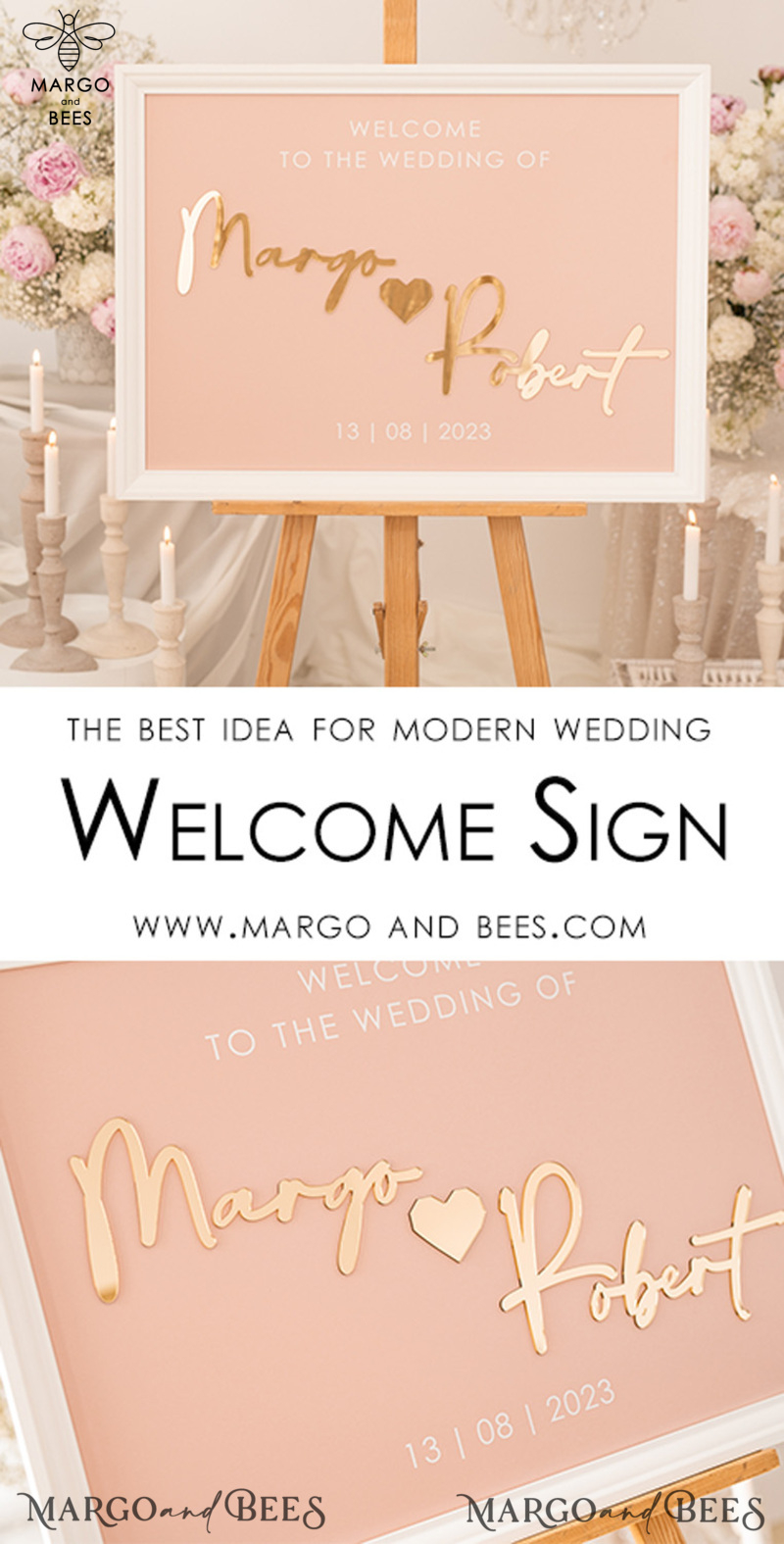 Blush and Gold Modern Acrylic wedding welcome sign, 3d Elegant wedding welcome signs - Wedding Reception Decor, Wedding Table Plan in White Frame, Wedding Decoration with golden letters - Reception Signage - Custom Ceremony Sign BpPXSet-1
