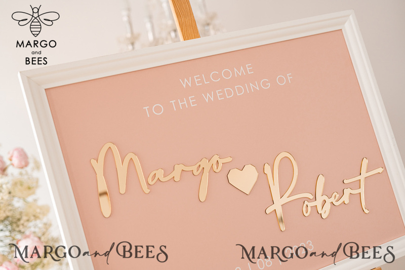 Blush and Gold Modern Acrylic wedding welcome sign, 3d Elegant wedding welcome signs - Wedding Reception Decor, Wedding Table Plan in White Frame, Wedding Decoration with golden letters - Reception Signage - Custom Ceremony Sign BpPXSet-9