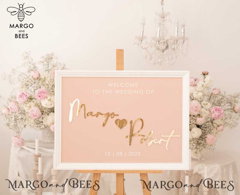 Blush and Gold Modern Acrylic wedding welcome sign, 3d Elegant wedding welcome signs - Wedding Reception Decor, Wedding Table Plan in White Frame, Wedding Decoration with golden letters - Reception Signage - Custom Ceremony Sign BpPXSet-4