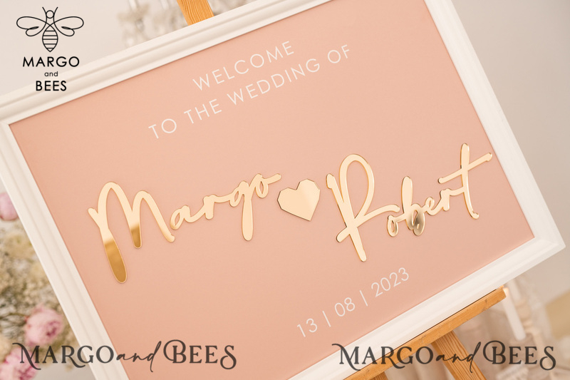 Blush and Gold Modern Acrylic wedding welcome sign, 3d Elegant wedding welcome signs - Wedding Reception Decor, Wedding Table Plan in White Frame, Wedding Decoration with golden letters - Reception Signage - Custom Ceremony Sign BpPXSet-3
