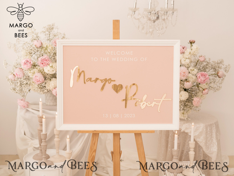 Blush and Gold Modern Acrylic wedding welcome sign, 3d Elegant wedding welcome signs - Wedding Reception Decor, Wedding Table Plan in White Frame, Wedding Decoration with golden letters - Reception Signage - Custom Ceremony Sign BpPXSet-6