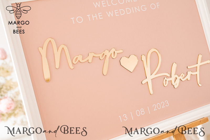 Blush and Gold Modern Acrylic wedding welcome sign, 3d Elegant wedding welcome signs - Wedding Reception Decor, Wedding Table Plan in White Frame, Wedding Decoration with golden letters - Reception Signage - Custom Ceremony Sign BpPXSet-7