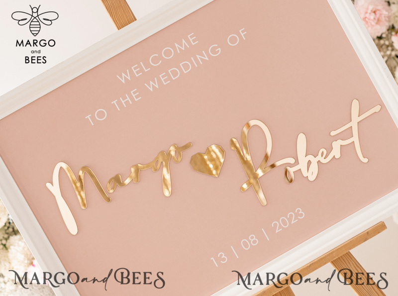 Blush and Gold Modern Acrylic wedding welcome sign, 3d Elegant wedding welcome signs - Wedding Reception Decor, Wedding Table Plan in White Frame, Wedding Decoration with golden letters - Reception Signage - Custom Ceremony Sign BpPXSet-8