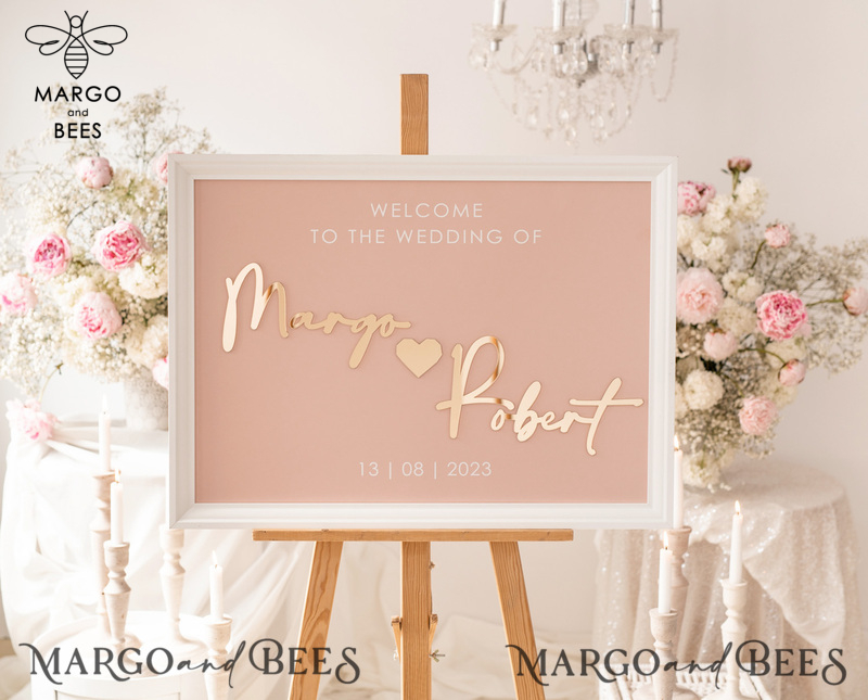 Blush and Gold Modern Acrylic wedding welcome sign, 3d Elegant wedding welcome signs - Wedding Reception Decor, Wedding Table Plan in White Frame, Wedding Decoration with golden letters - Reception Signage - Custom Ceremony Sign BpPXSet-2