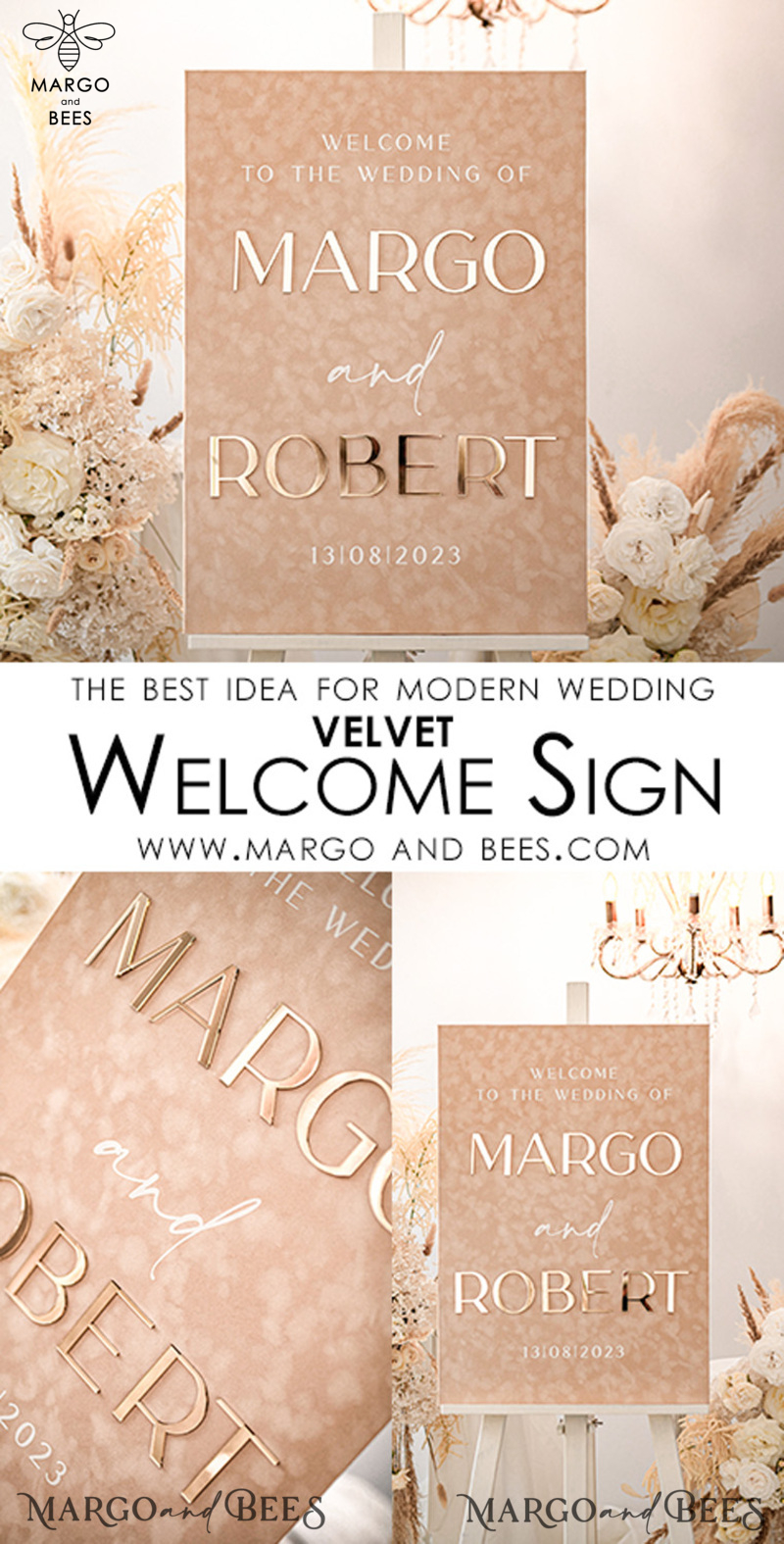 Luxury Velvet beige Wedding Welcome Sign, Golden Wedding Decor, Personalised Wedding Sign, Wedding Gift, Welcome Wedding Board BpPXSet-2