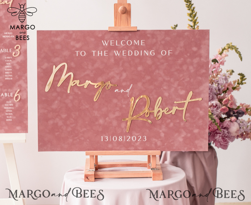 Luxury Velvet blush pink Wedding Welcome Sign, Golden Wedding Decor, Personalised Wedding Sign, Wedding Gift, Welcome Wedding Board BpPXSet-4