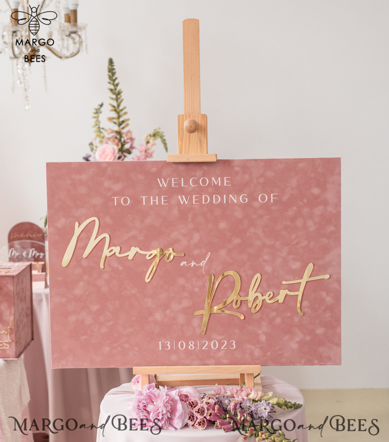 Luxury Velvet blush pink Wedding Welcome Sign, Golden Wedding Decor, Personalised Wedding Sign, Wedding Gift, Welcome Wedding Board BpPXSet-5