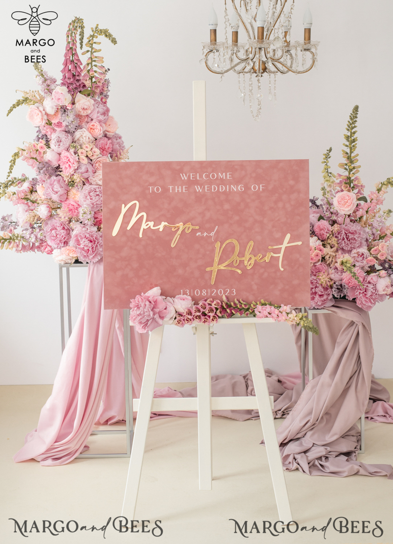 Luxury Velvet blush pink Wedding Welcome Sign, Golden Wedding Decor, Personalised Wedding Sign, Wedding Gift, Welcome Wedding Board BpPXSet-6