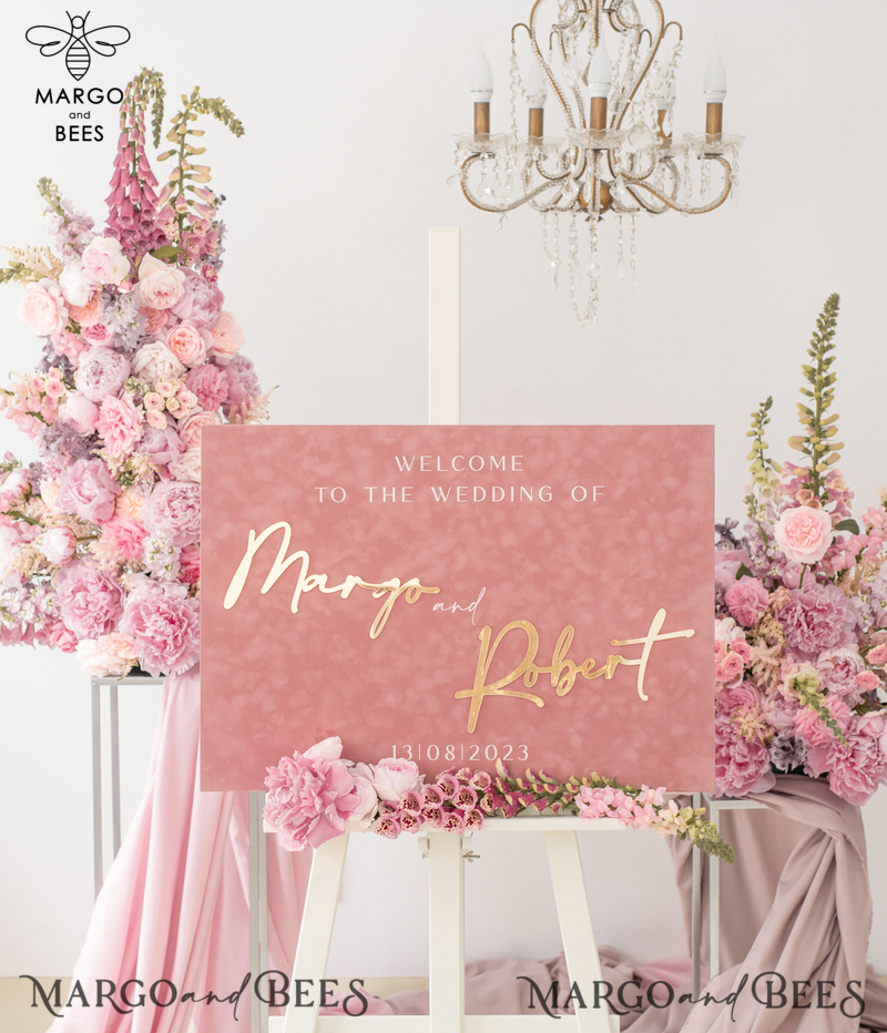 Luxury Velvet blush pink Wedding Welcome Sign, Golden Wedding Decor, Personalised Wedding Sign, Wedding Gift, Welcome Wedding Board BpPXSet-0