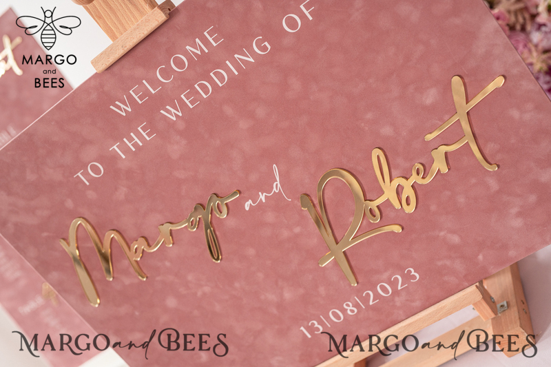 Luxury Velvet blush pink Wedding Welcome Sign, Golden Wedding Decor, Personalised Wedding Sign, Wedding Gift, Welcome Wedding Board BpPXSet-3