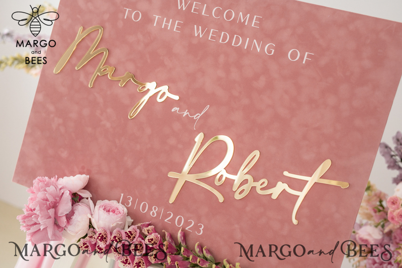 Luxury Velvet blush pink Wedding Welcome Sign, Golden Wedding Decor, Personalised Wedding Sign, Wedding Gift, Welcome Wedding Board BpPXSet-8