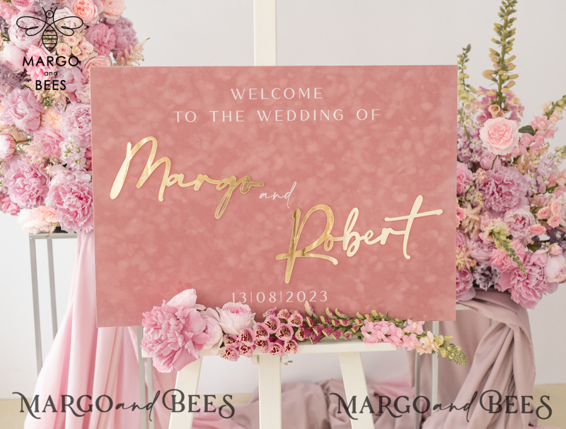 Luxury Velvet blush pink Wedding Welcome Sign, Golden Wedding Decor, Personalised Wedding Sign, Wedding Gift, Welcome Wedding Board BpPXSet-9