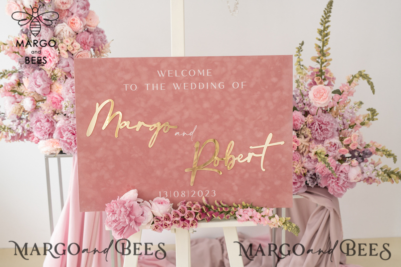 Luxury Velvet blush pink Wedding Welcome Sign, Golden Wedding Decor, Personalised Wedding Sign, Wedding Gift, Welcome Wedding Board BpPXSet-1