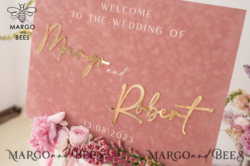 Luxury Velvet blush pink Wedding Welcome Sign, Golden Wedding Decor, Personalised Wedding Sign, Wedding Gift, Welcome Wedding Board BpPXSet-11
