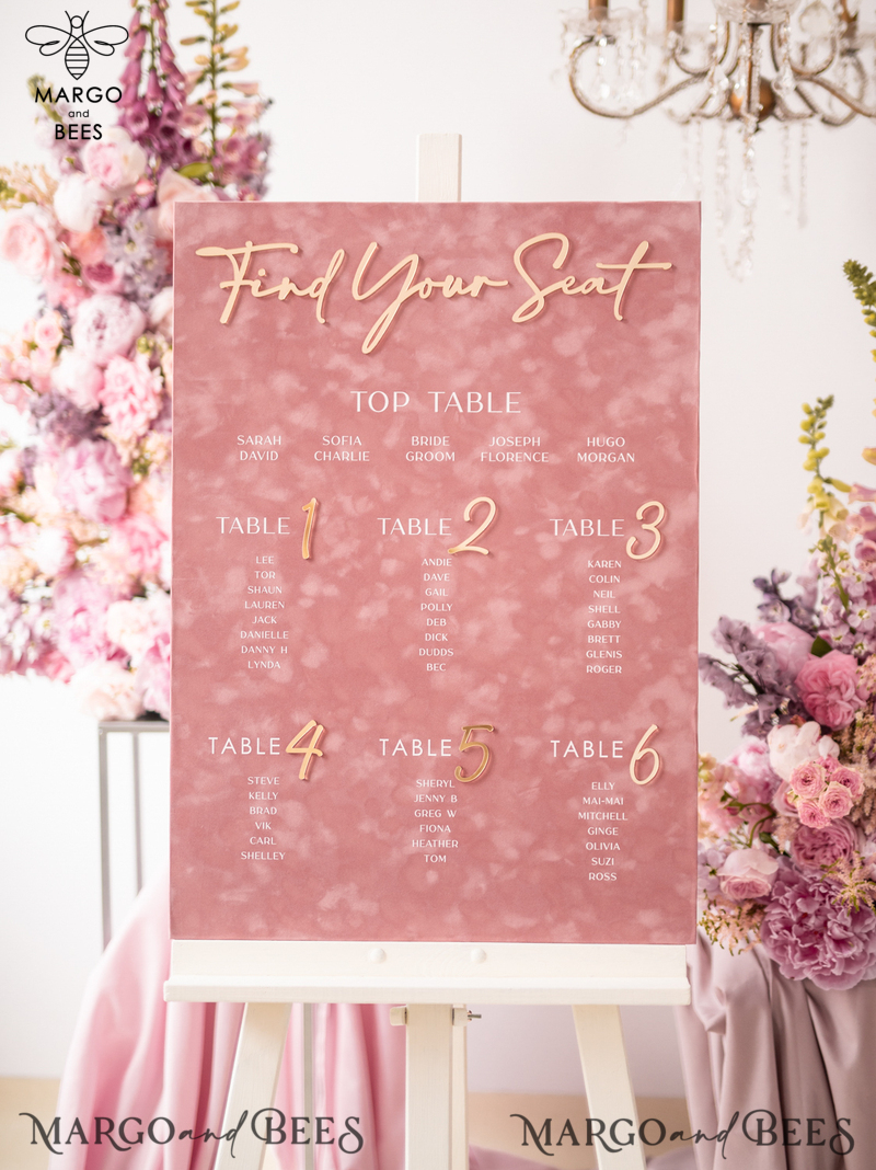 blush pink velvet and Gold Modern velvet Seating Chart, 3d Elegant Find Your Seat - Seating Plan , Luxury Wedding Table Plan, Wedding Decoration with golden letters - Golden Reception Signage - Custom Ceremony Sign-0