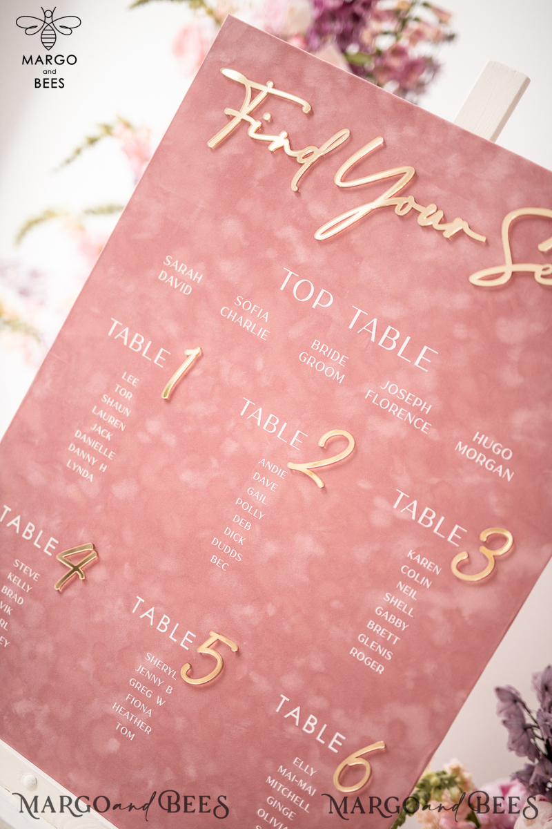 blush pink velvet and Gold Modern velvet Seating Chart, 3d Elegant Find Your Seat - Seating Plan , Luxury Wedding Table Plan, Wedding Decoration with golden letters - Golden Reception Signage - Custom Ceremony Sign-1