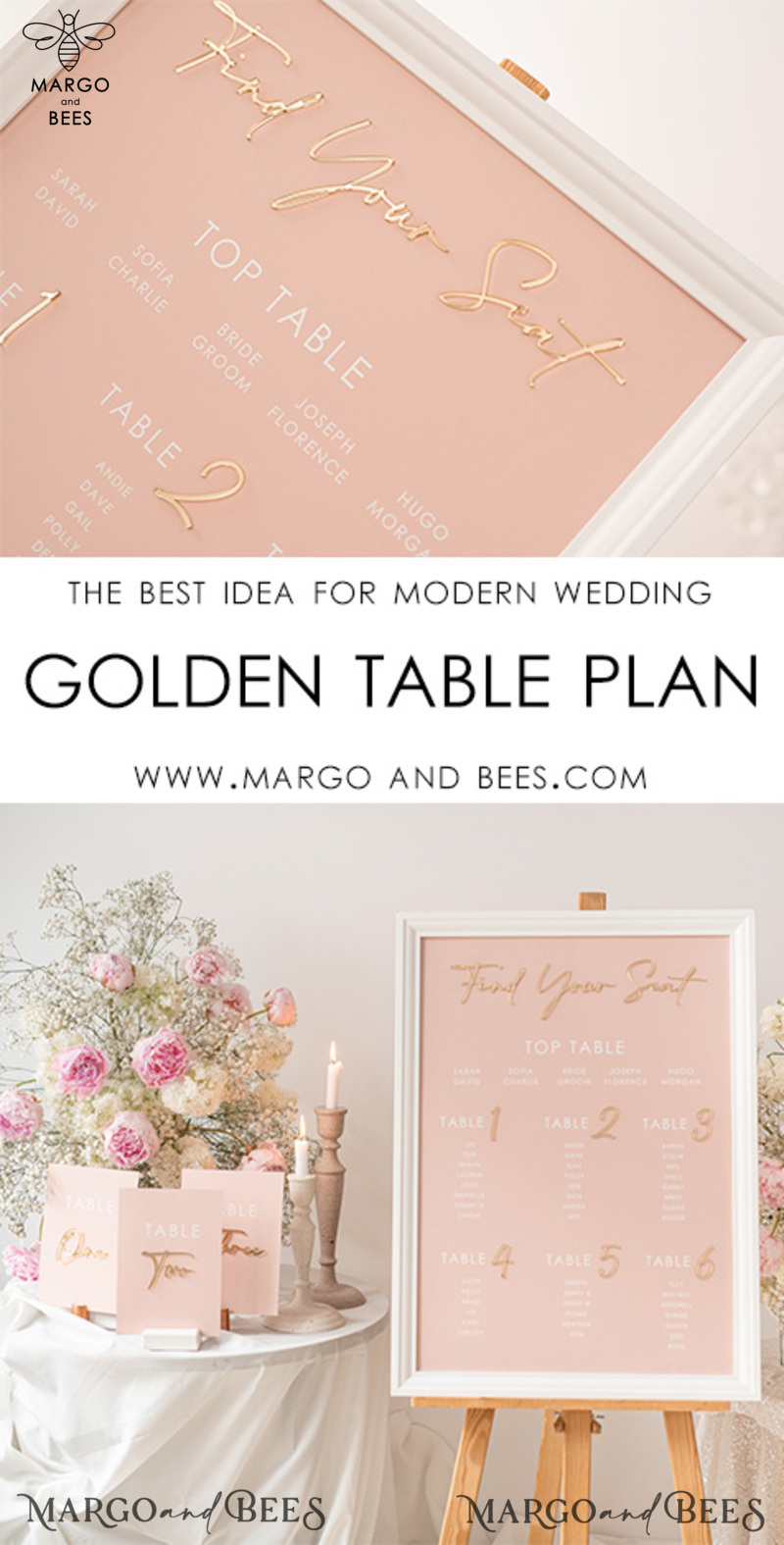 Blush and Gold Modern Acrylic Seating Chart, 3d Elegant Find Your Seat - Seating Plan , Wedding Table Plan in White Frame, Wedding Decoration with golden letters - Reception Signage - Custom Ceremony Sign BpPXSet-2