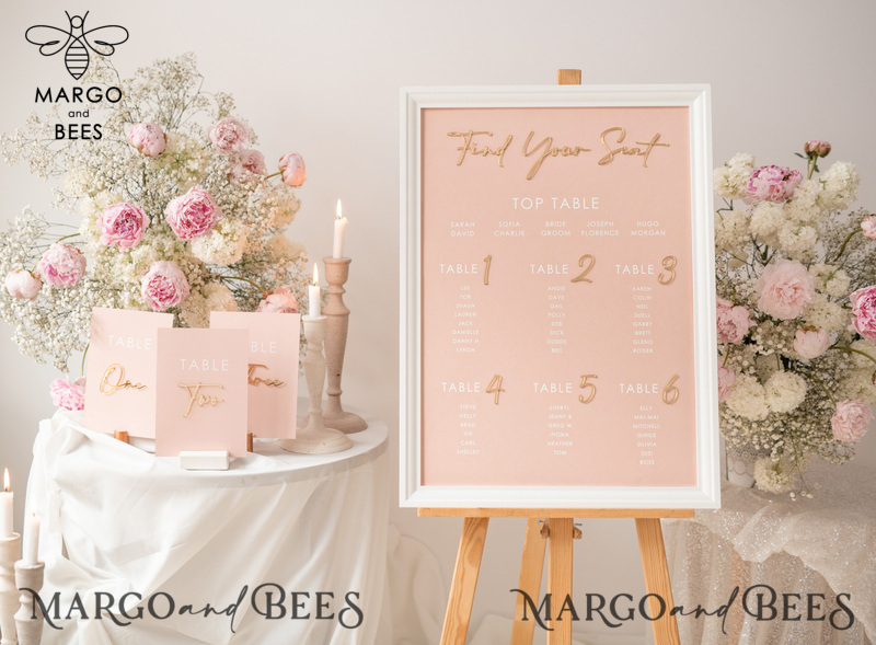 Blush and Gold Modern Acrylic Seating Chart, 3d Elegant Find Your Seat - Seating Plan , Wedding Table Plan in White Frame, Wedding Decoration with golden letters - Reception Signage - Custom Ceremony Sign BpPXSet-4