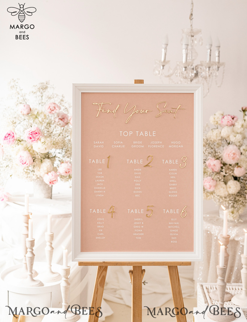 Blush and Gold Modern Acrylic Seating Chart, 3d Elegant Find Your Seat - Seating Plan , Wedding Table Plan in White Frame, Wedding Decoration with golden letters - Reception Signage - Custom Ceremony Sign BpPXSet-5