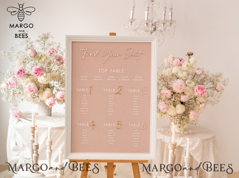 Blush and Gold Modern Acrylic Seating Chart, 3d Elegant Find Your Seat - Seating Plan , Wedding Table Plan in White Frame, Wedding Decoration with golden letters - Reception Signage - Custom Ceremony Sign BpPXSet-6
