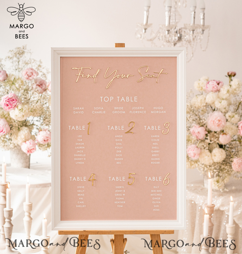 Blush and Gold Modern Acrylic Seating Chart, 3d Elegant Find Your Seat - Seating Plan , Wedding Table Plan in White Frame, Wedding Decoration with golden letters - Reception Signage - Custom Ceremony Sign BpPXSet-0