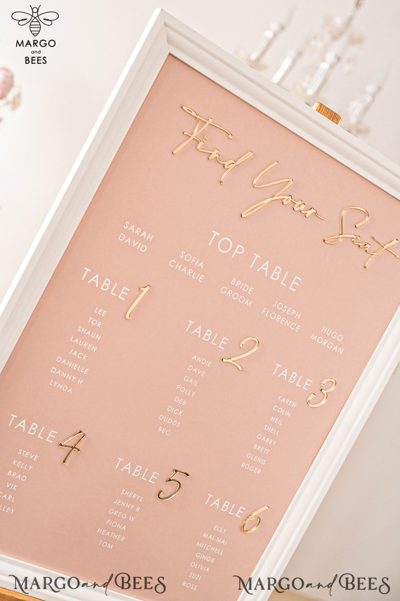 Blush and Gold Modern Acrylic Seating Chart, 3d Elegant Find Your Seat - Seating Plan , Wedding Table Plan in White Frame, Wedding Decoration with golden letters - Reception Signage - Custom Ceremony Sign BpPXSet-7