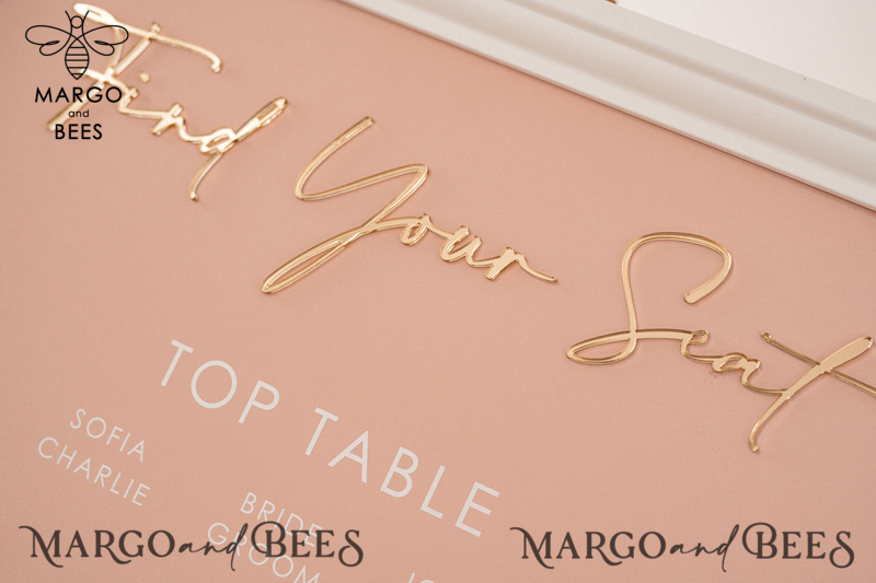 Blush and Gold Modern Acrylic Seating Chart, 3d Elegant Find Your Seat - Seating Plan , Wedding Table Plan in White Frame, Wedding Decoration with golden letters - Reception Signage - Custom Ceremony Sign BpPXSet-1