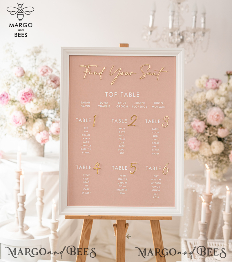 Blush and Gold Modern Acrylic Seating Chart, 3d Elegant Find Your Seat - Seating Plan , Wedding Table Plan in White Frame, Wedding Decoration with golden letters - Reception Signage - Custom Ceremony Sign BpPXSet-11