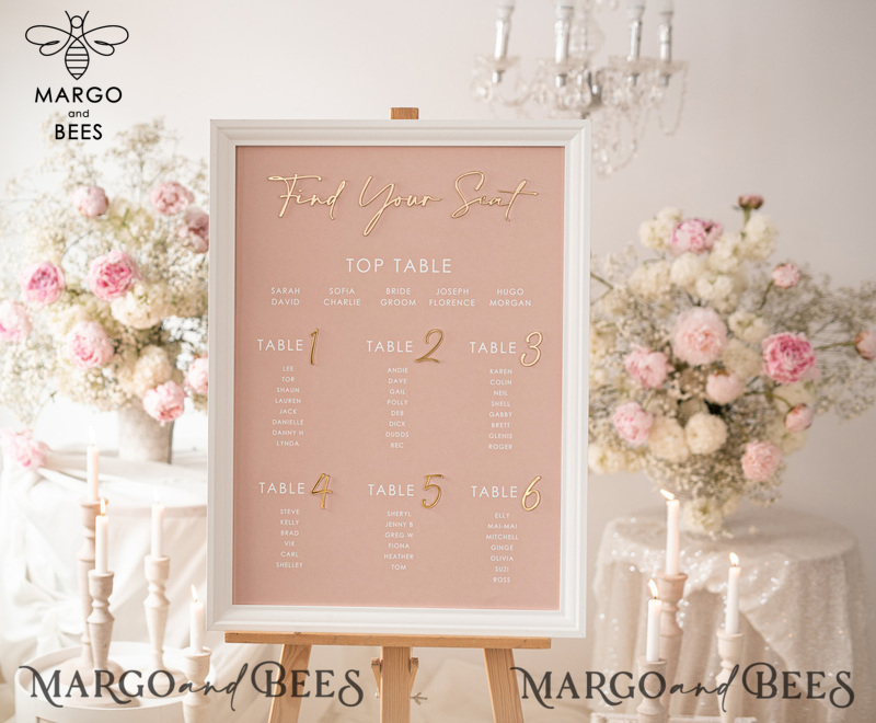 Blush and Gold Modern Acrylic Seating Chart, 3d Elegant Find Your Seat - Seating Plan , Wedding Table Plan in White Frame, Wedding Decoration with golden letters - Reception Signage - Custom Ceremony Sign BpPXSet-12