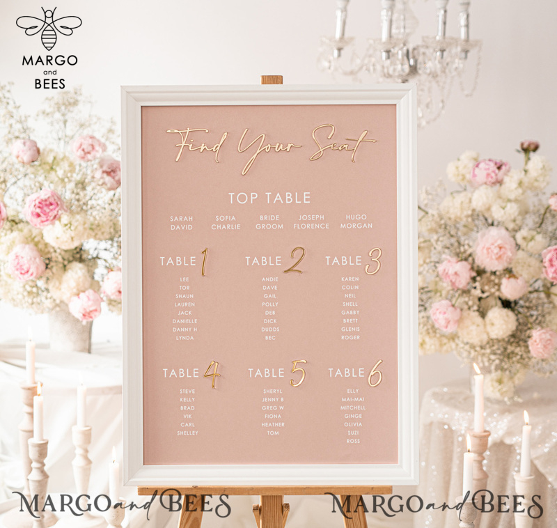 Blush and Gold Modern Acrylic Seating Chart, 3d Elegant Find Your Seat - Seating Plan , Wedding Table Plan in White Frame, Wedding Decoration with golden letters - Reception Signage - Custom Ceremony Sign BpPXSet-13