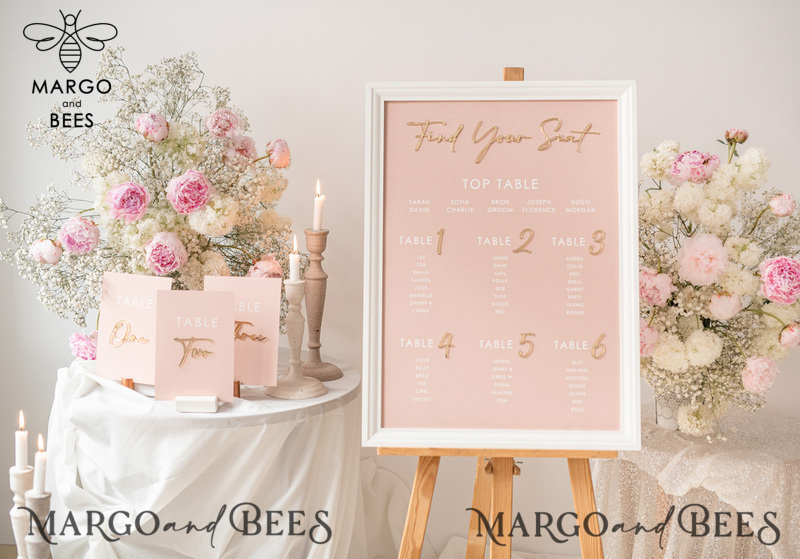 Blush and Gold Modern Acrylic Seating Chart, 3d Elegant Find Your Seat - Seating Plan , Wedding Table Plan in White Frame, Wedding Decoration with golden letters - Reception Signage - Custom Ceremony Sign BpPXSet-14