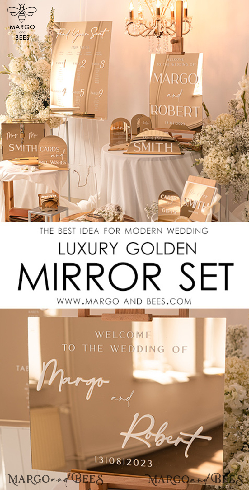 Golden Mirror Wedding Welcome Sign, Golden Wedding Decor, Personalised Wedding Sign, Wedding Gift, Welcome Wedding Board BpPXSet-6