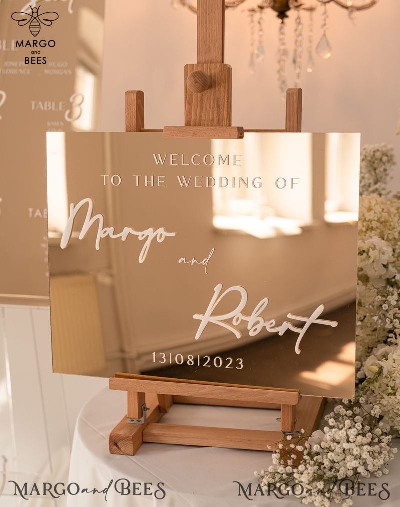 Golden Mirror Wedding Welcome Sign, Golden Wedding Decor, Personalised Wedding Sign, Wedding Gift, Welcome Wedding Board BpPXSet-2