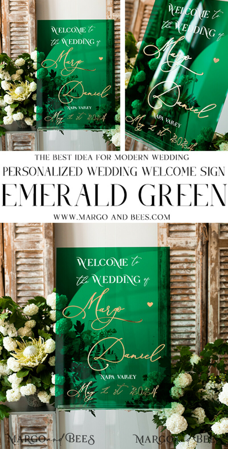 Luxury Green and Gold Wedding Welcome Sign, Emerald Green Acryl Wedding Decor-7