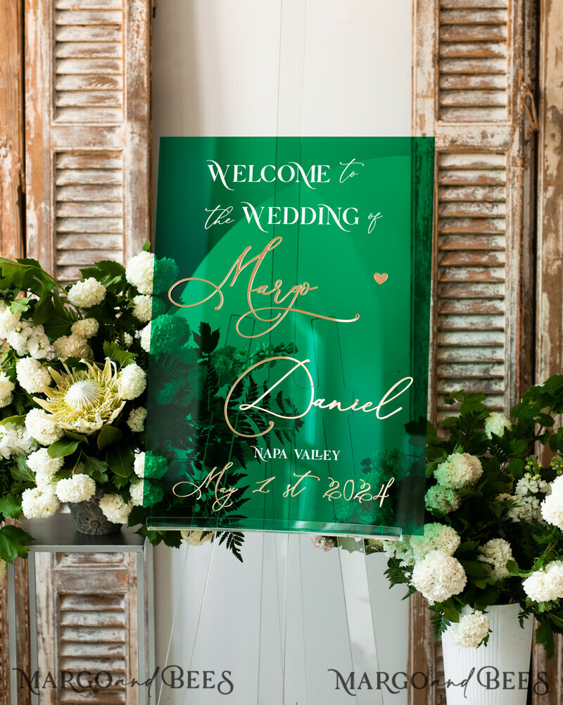 Luxury Green and Gold Wedding Welcome Sign, Emerald Green Acryl Wedding Decor-1