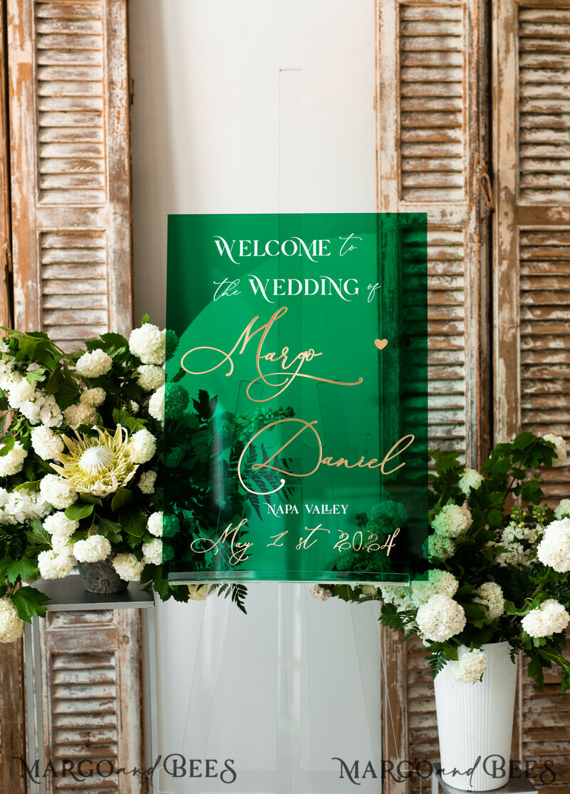 Luxury Green and Gold Wedding Welcome Sign, Emerald Green Acryl Wedding Decor-5