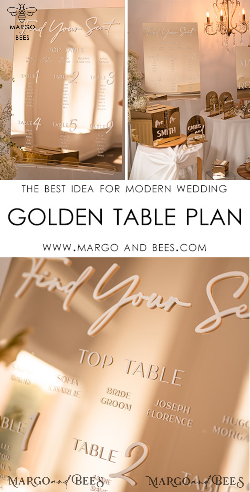 Gold Mirror Seating Chart Sign, 3d Elegant Find Your Seat - Seating Plan, Luxury Wedding Table Plan, Mirror Wedding Decoration - Golden Reception Signage - Custom Ceremony Sign-5