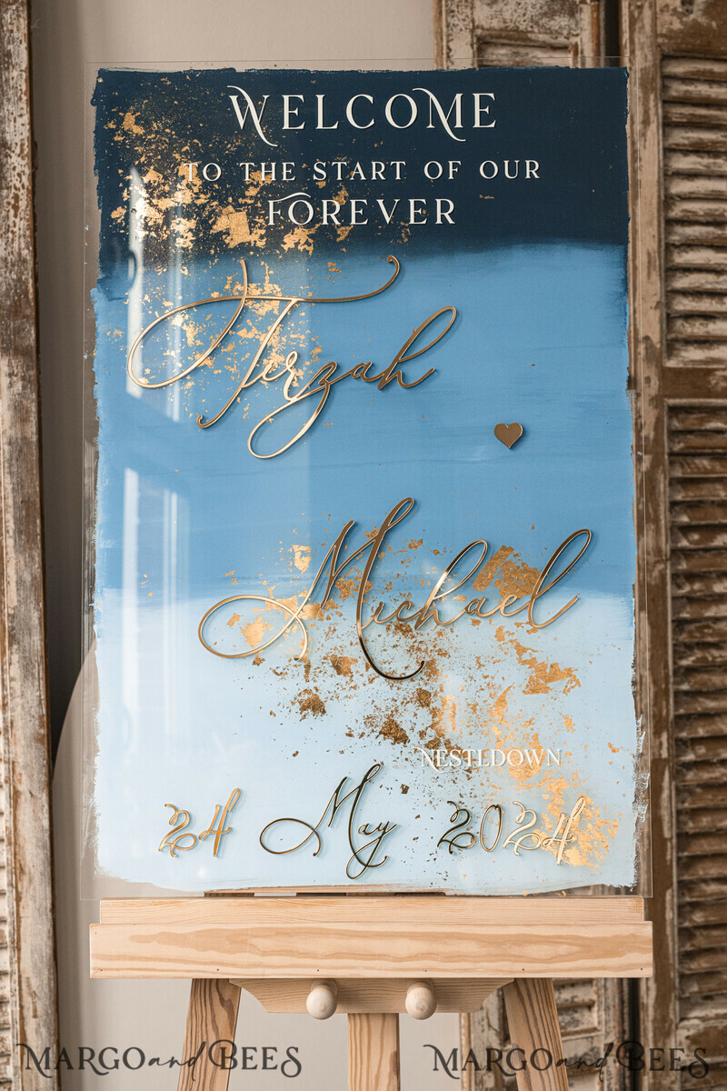 Acrylic dusty blue & Gold Wedding Welcome Sign, Painted Acrylic & gold Wedding Welcome Sign, Royal Blue Ombre Gold Plexi. Blue Ombre Wedding inspiration -0