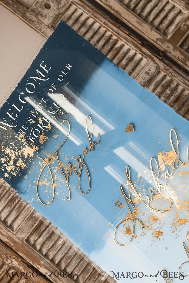 Acrylic dusty blue & Gold Wedding Welcome Sign, Painted Acrylic & gold Wedding Welcome Sign, Royal Blue Ombre Gold Plexi. Blue Ombre Wedding inspiration -2