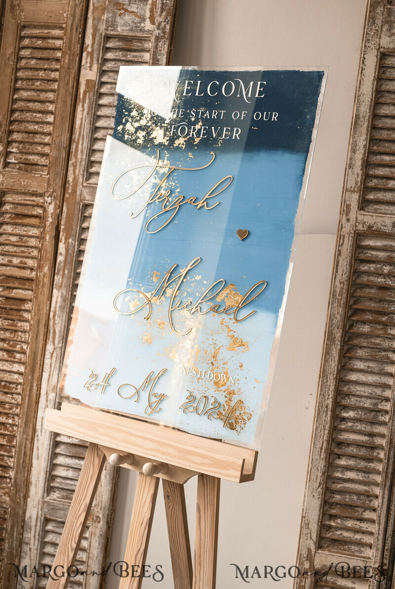 Acrylic dusty blue & Gold Wedding Welcome Sign, Painted Acrylic & gold Wedding Welcome Sign, Royal Blue Ombre Gold Plexi. Blue Ombre Wedding inspiration -5