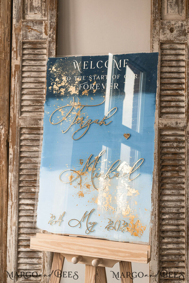 Acrylic dusty blue & Gold Wedding Welcome Sign, Painted Acrylic & gold Wedding Welcome Sign, Royal Blue Ombre Gold Plexi. Blue Ombre Wedding inspiration -6