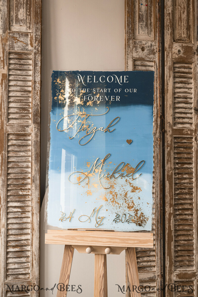 Acrylic dusty blue & Gold Wedding Welcome Sign, Painted Acrylic & gold Wedding Welcome Sign, Royal Blue Ombre Gold Plexi. Blue Ombre Wedding inspiration -7