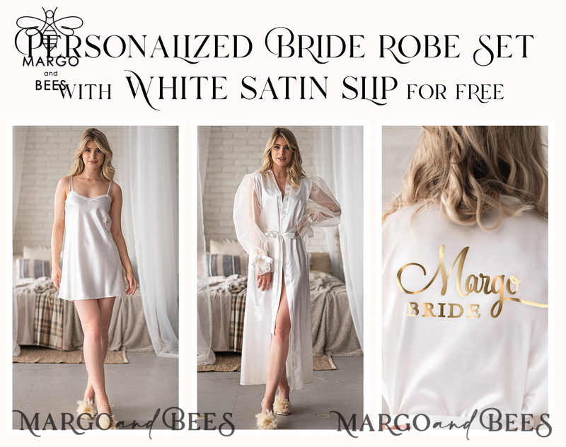  Custom bride robe and Nightgown Set, bridal robe puff long sleeve Sexy boudoir robe, bride set slip & robe, Robes for bride with name on it-0