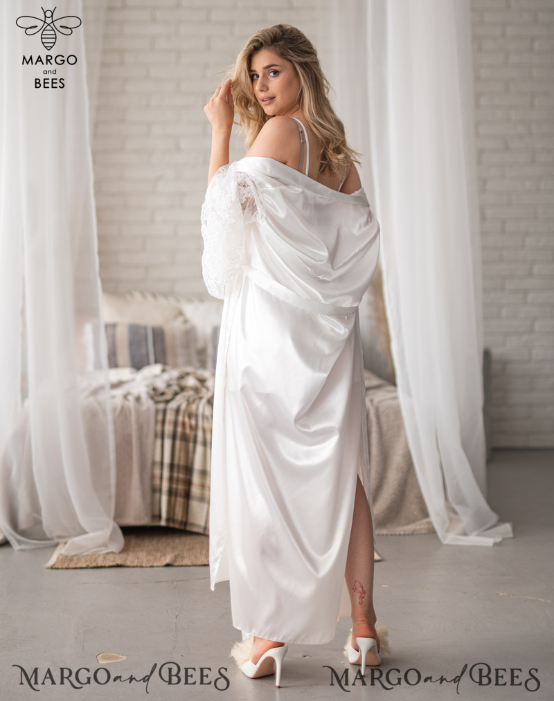 Personalised Satin Robes, Luxury Bride Dressing Gowns, Sexy Lace sleeves Wedding Robes, Get Ready Bridal Robes with name on it, Hen Party Lace Silk Robes -6