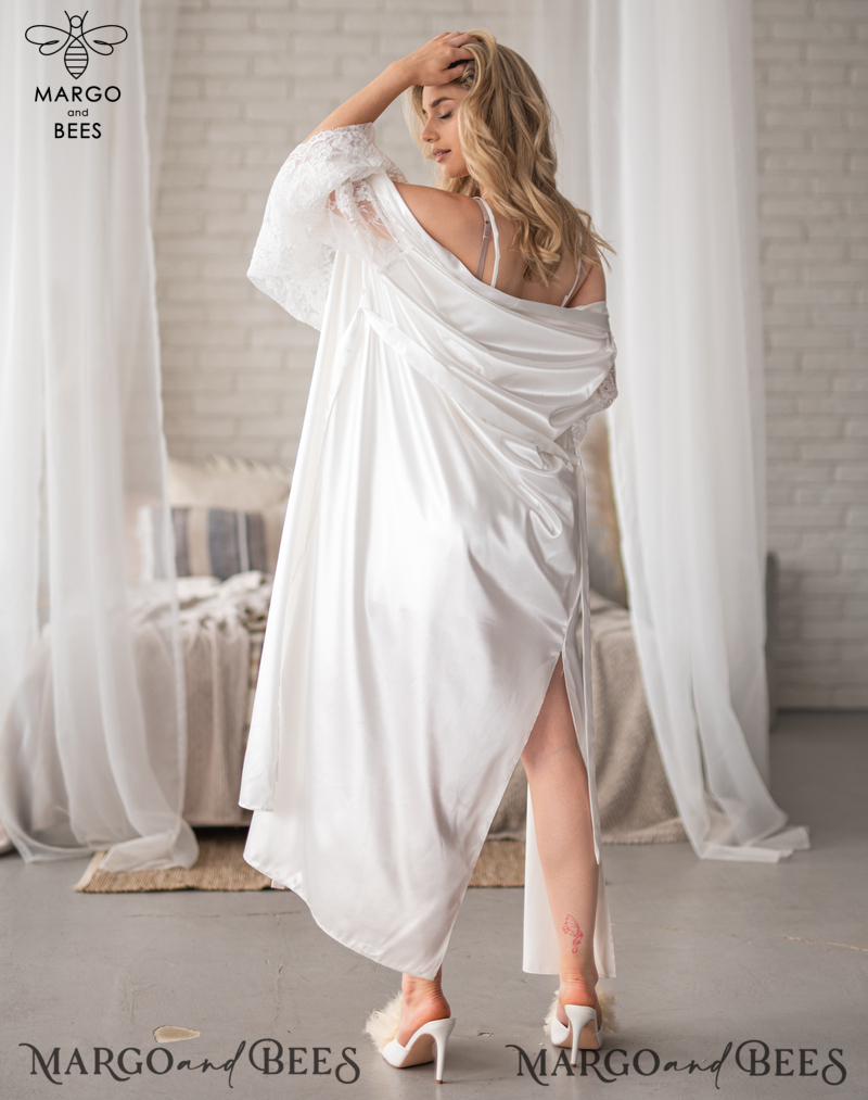 Personalised Satin Robes, Luxury Bride Dressing Gowns, Sexy Lace sleeves Wedding Robes, Get Ready Bridal Robes with name on it, Hen Party Lace Silk Robes -9