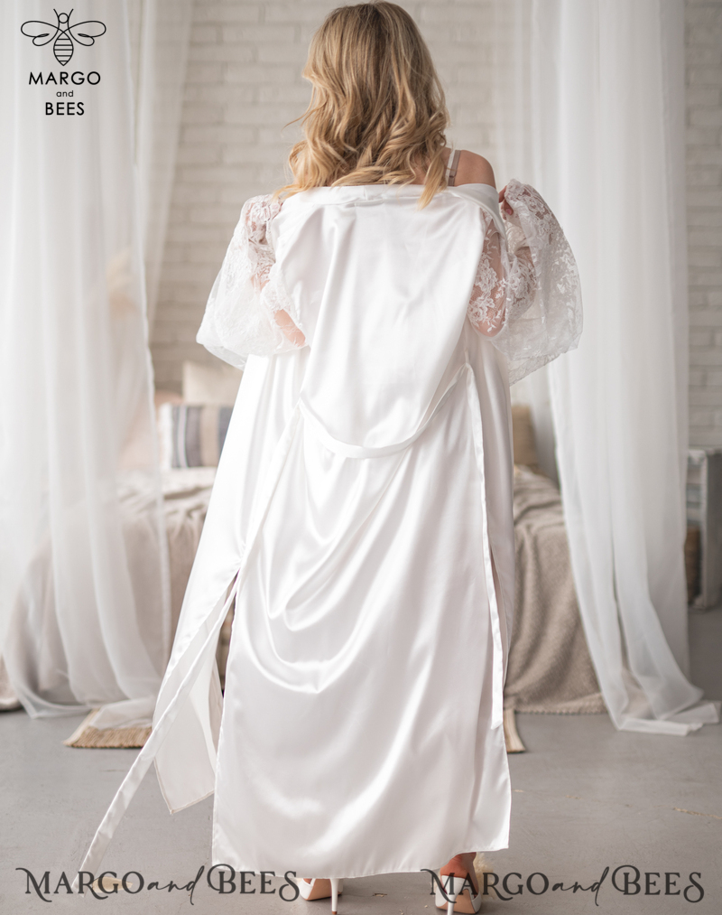 Personalised Satin Robes, Luxury Bride Dressing Gowns, Sexy Lace sleeves Wedding Robes, Get Ready Bridal Robes with name on it, Hen Party Lace Silk Robes -8