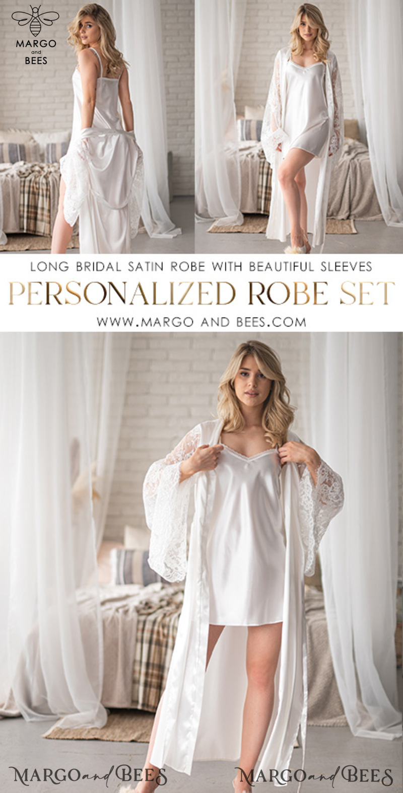 Personalised Satin Robes, Luxury Bride Dressing Gowns, Sexy Lace sleeves Wedding Robes, Get Ready Bridal Robes with name on it, Hen Party Lace Silk Robes -1